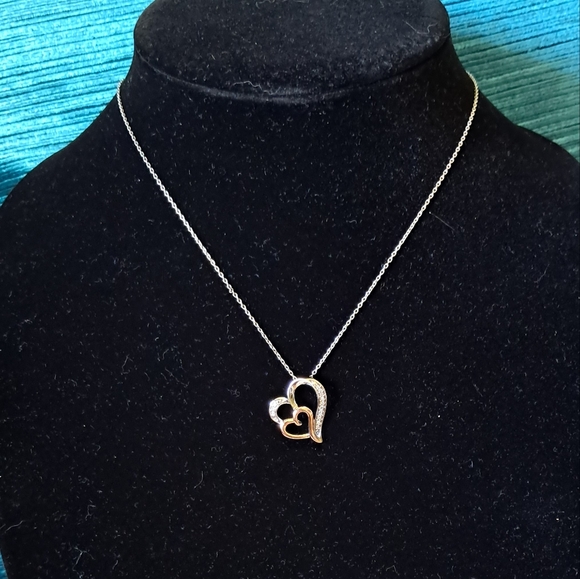 14kt Rose Gold Sterling Silver Diamond Double Heart Pendant Italian Necklace - Picture 2 of 12